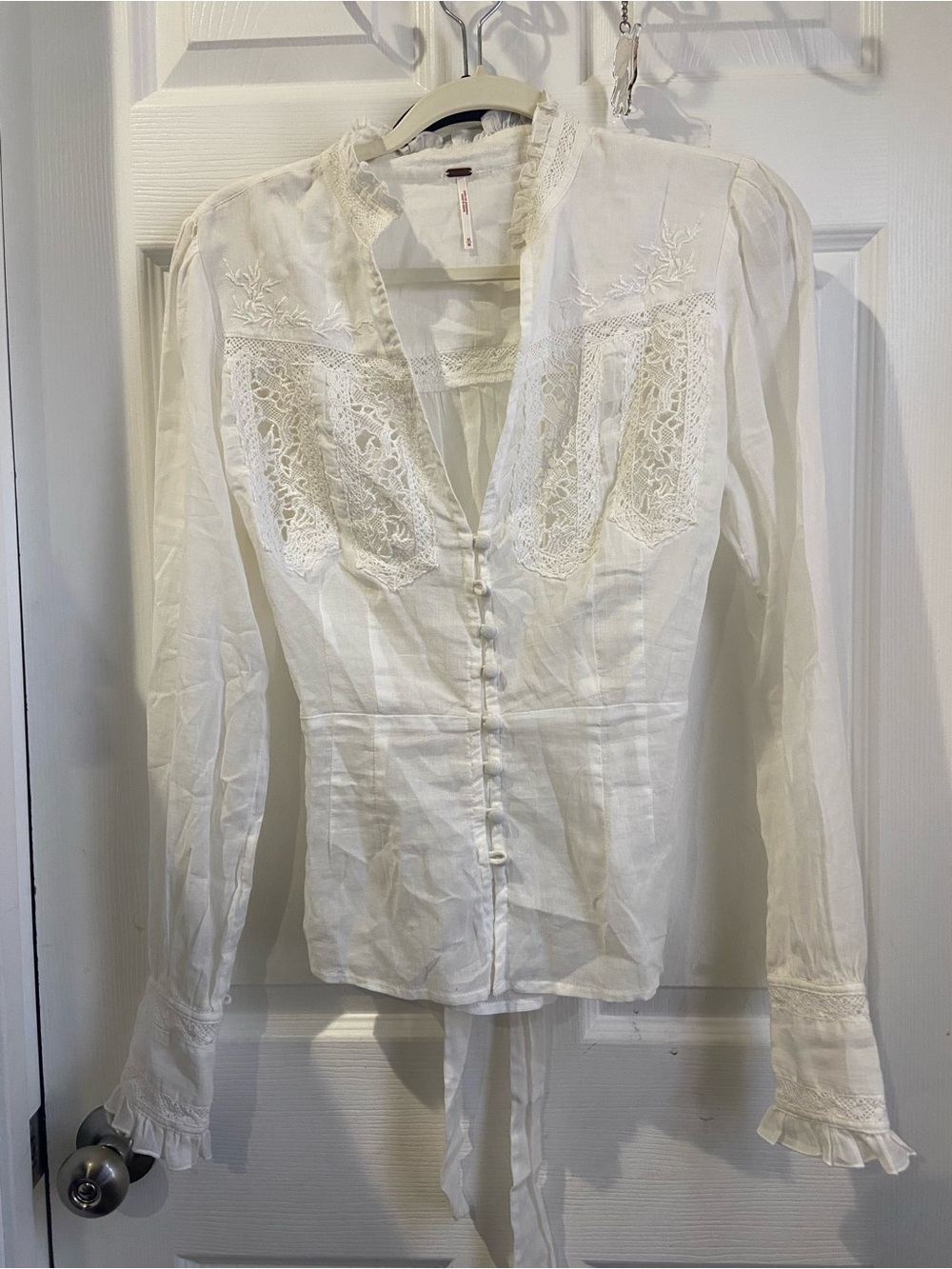 Free People Ivory Lace-Trim Button Front Blouse